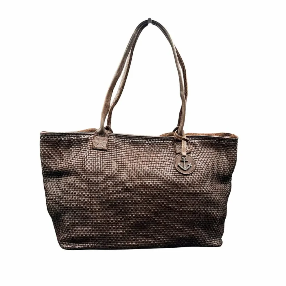 Harbour 2nd Brown Woven Leather Tote Shoulder Bag Anchor Charm